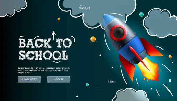 Vector illustration of Back to School, web banner with cartoon rocket and doodle clouds. Creative or educational banner, ad, landing page or poster. Vector illustration