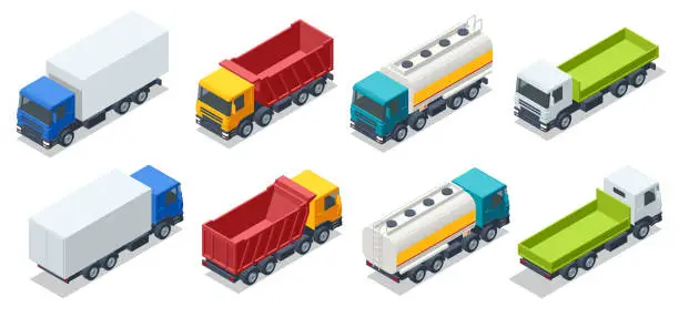 Vector illustration of Isometric Petroleum tanker, Dump Truck, Refrigerator truck logistics, land transport. Trucks set isolated realistic vehicles on white background.
