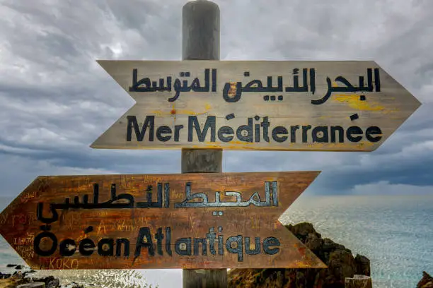 Photo of sign indicates the Mediterranean and Atlantic sea, on the sign it says 