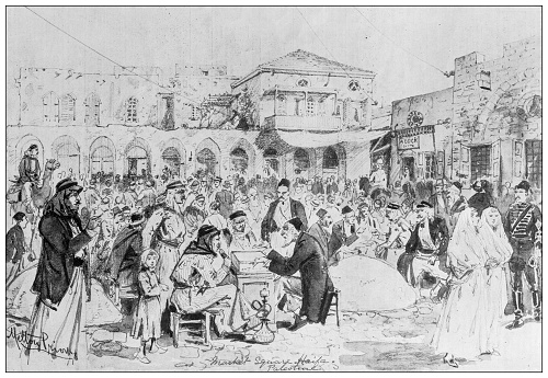 Antique image from British magazine: Market Square, Haifa