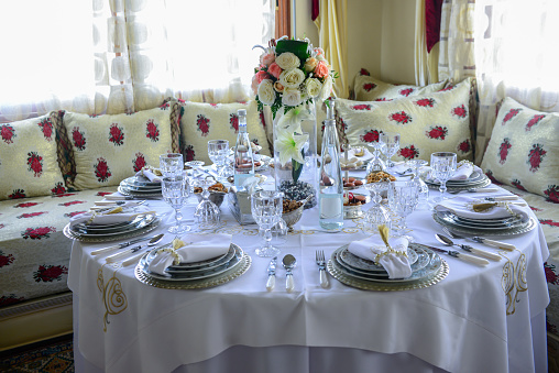 Moroccan wedding table.Wedding decor of the Banquet hall
