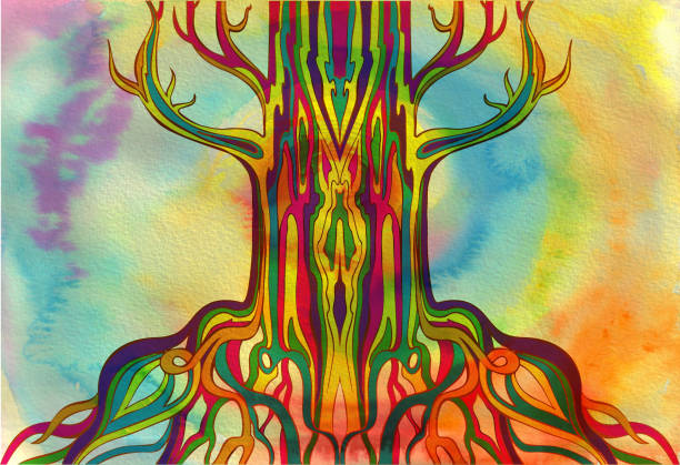 ilustrações, clipart, desenhos animados e ícones de árvore de arco-íris - tree root family tree watercolor painting