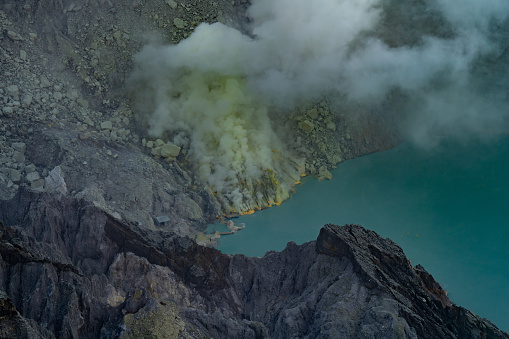 Sulphur smoke rising from Ijen crater, East Java, Indonesia
