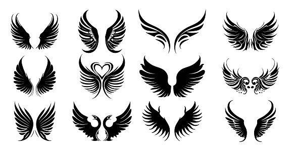 Set of different vector wings tattoo isolated on white background. black wing icons. sillhoutte logo template illustration.