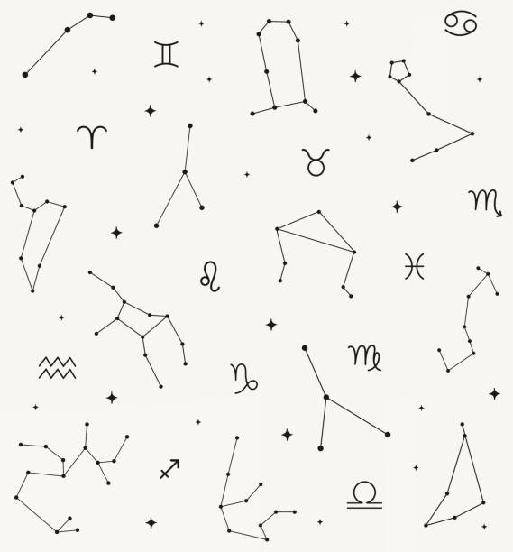 All Together Zodiac Signs Constellations Pattern Illustrations. Black and White Option. vector art illustration