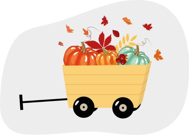 Autumn postcard. Trailer with pumpkin harvest. High quality vector illustration. Autumn postcard. Trailer with pumpkin harvest. High quality vector illustration. october clipart stock illustrations