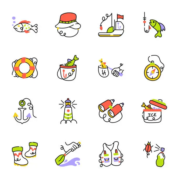 Vector illustration of Pack of Fishing Doodle Icons