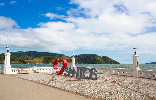 Santos, Brasil. August 29, 2023 of the landmark I Love Santos, in Ponta da Praia with the sea in the background.