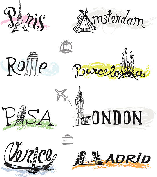 destinations internationales les noms des villes et sites touristiques - Illustration vectorielle