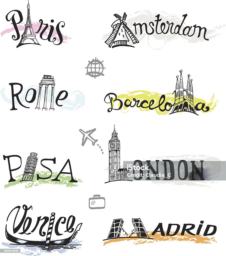 travel destinations international cities names and landmarks the names of major tourist cities with landmarks replacing letters in names Paris - France stock vector