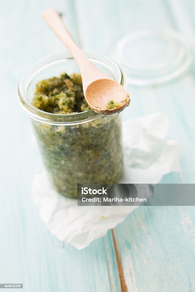 Parsley pesto sauce Blue Stock Photo