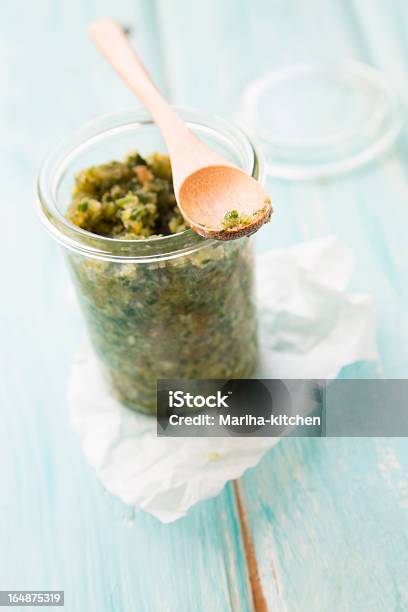 Parsley Pesto Sauce Stock Photo - Download Image Now - Blue, Green Color, Herb