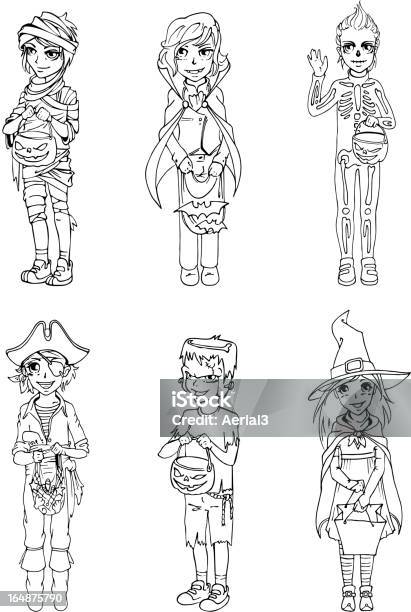 Ilustración de Niños En El Vestuario Para Halloween Día y más Vectores Libres de Derechos de Alegre - Alegre, Bolsa - Objeto fabricado, Bruja