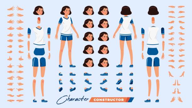 stockillustraties, clipart, cartoons en iconen met sporty teenage, attractive brunette tomboy girl character diy constructor - tomboy