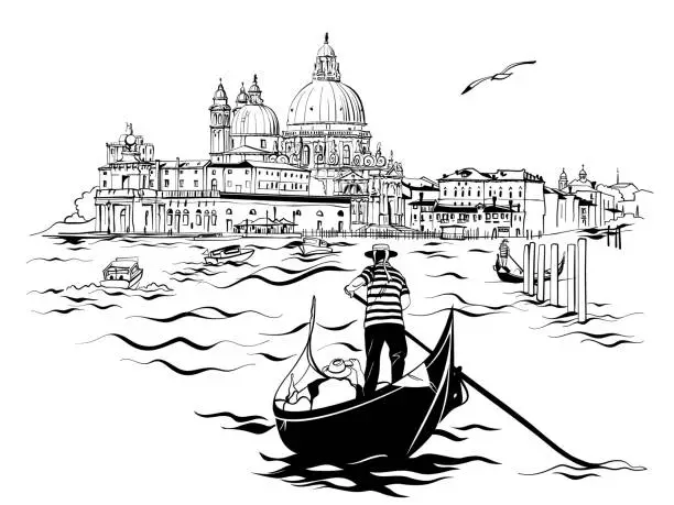 Vector illustration of Vector Gondolas on Canal Grande in Venice, Italy