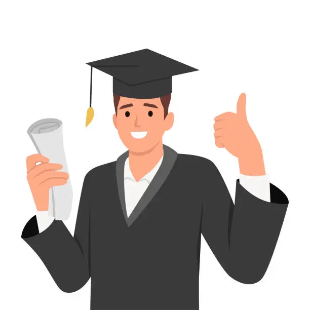 Vector illustration of Happy young graduate man in graduation gown and hat holding diploma and certificate showing thumb up.