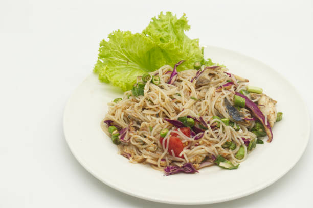Spicy Mackerel Rice Noodle Salad on white plate