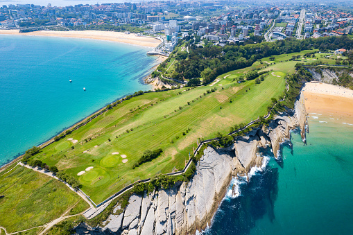 Aerial view of the beach and golf course on the coast of Santander Spain