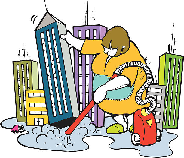 Editable Cartoon illustration of a lady vacuuming the city lands vector art illustration