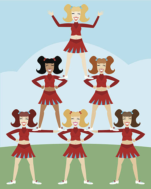 Cheerleader Pyramid AI8, EPS8, EPS CS & Jpeg -- A cheery pyramid of six smiling cheerleaders in matching costumes school sport high up tall stock illustrations