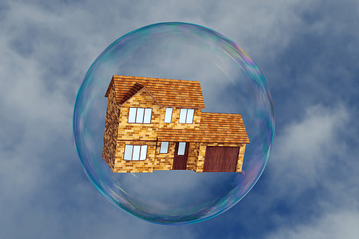 Brick house in a soap bubble floating in the sky. Illustration of housing bubble