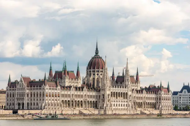Photo of The neo-Gothic style Parliament of Hungary on the bank of the Danube in Budapest under cloudy skies