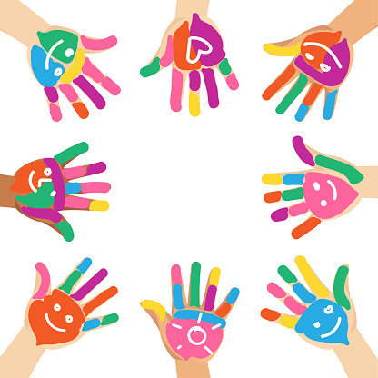 Colorful background with multiethnic diverse painted colorful hands of children with smile and heart shapes isolated vector illustration