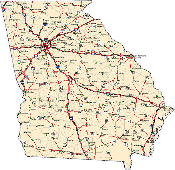 Georgia Highway map (vector) Highway map of the state of Georgia with Interstates and US Routes.  It also has lines for state and county routes (but not labeled/named) and many cities on it as well.  All cities are the County Seats and the Capitol. georgia stock illustrations