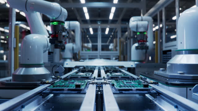 Timelapse of Fully Automated PCB Assembly Line Equipped with Advanced High Precision Robot Arms at Electronics Factory. Semiconductor Production Industry. Component Installation on Circuit Board.