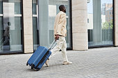 Rear view of young businessman in formalwear pulling suitcase with baggage
