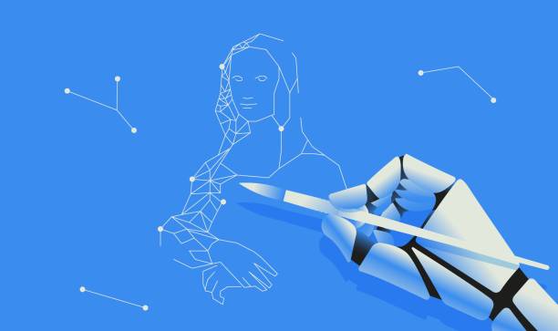 Robotic hand drawing Mona Lisa vector illustration Robotic hand drawing Mona Lisa. Artifical intelligence, machine learning concept. Vector illustration. artist stock illustrations