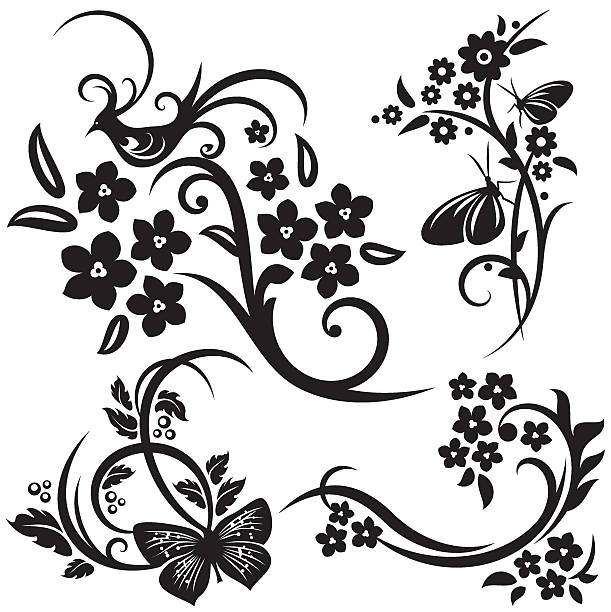 ilustrações de stock, clip art, desenhos animados e ícones de design floral série. o estilo chinês - summer backgrounds line art butterfly