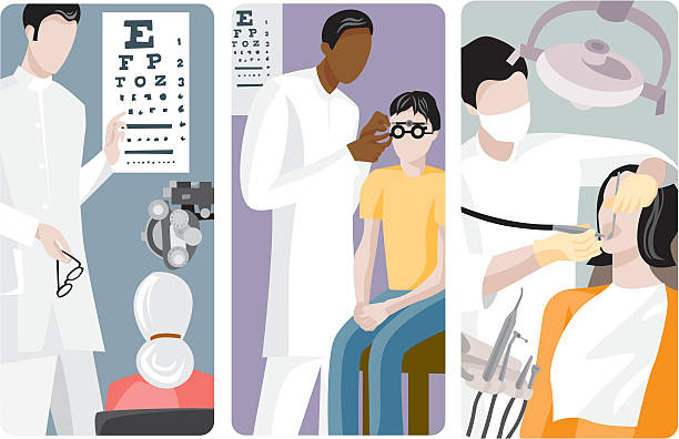 Medical procedures are illustrated through a vector series A set of 3 medical illustrations. eye doctor and patient stock illustrations