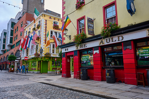 Quiet daytime in the iconic Dublin bar district before most people get out.