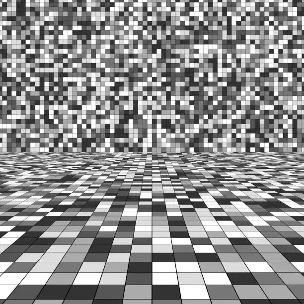 Vector illustration of A grayscale pattern of squares covers both the floor and the wall, creating a visually engaging and uniform texture that plays with perception and depth.