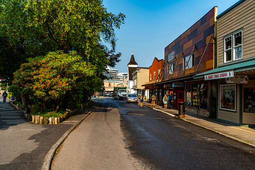 Ketchikan, USA - July 28, 2023: Street view of Mission street and Bawden Street in Ketchikan, Alaska, USA.