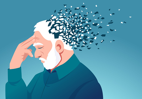 Memory loss due to dementia. Vector of a senior man losing parts of head as symbol of decreased brain function