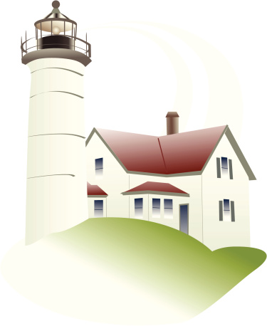 Artwork of a Lighthouse on a Hill with Home Attached. Vector.