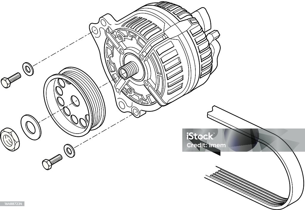 Black and white schematic of an alternator This line drawing is a part of some other drawings. It shows a electric generator. Image Montage stock vector