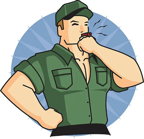 Vector illustration of Drill Sergeant Blowing a Whistle