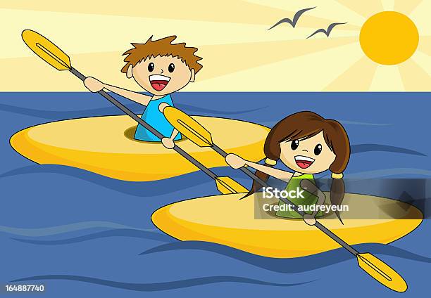 Menino E Menina Em Canoas Vector - Arte vetorial de stock e mais imagens de Amarelo - Amarelo, Atividade Recreativa, Azul