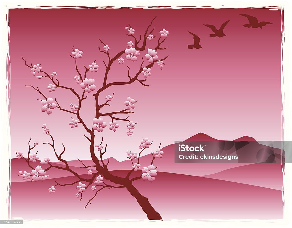 Fiori di ciliegio in un paesaggio di ispirazione asiatica - arte vettoriale royalty-free di Albero