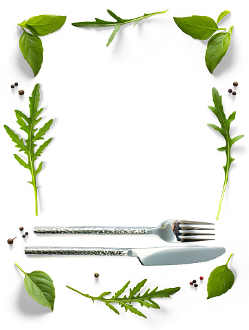 frame border Food poster with cutlery and fresh mediterranean herb and spices on white background.  Cooking background design element