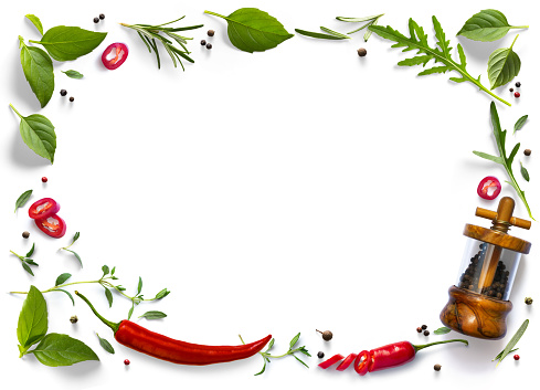 frame / border PNG Food design element. Spices and herbs on white background. Variety of spices and mediterranean herbs.