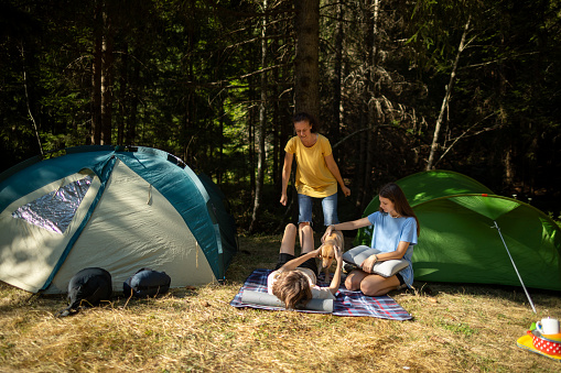 Teenage boy and girl are camping on beautiful site in pine forest by river with their mother and dog, Labrador retriever. Brother and sister are sitting in front of his tent and have fun with their young.