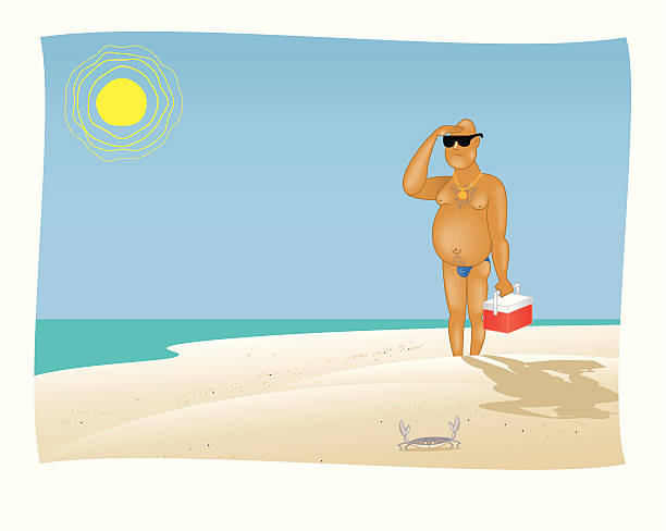 illustrazioni stock, clip art, cartoni animati e icone di tendenza di il beachcomber - men swimming trunks beach racing briefs