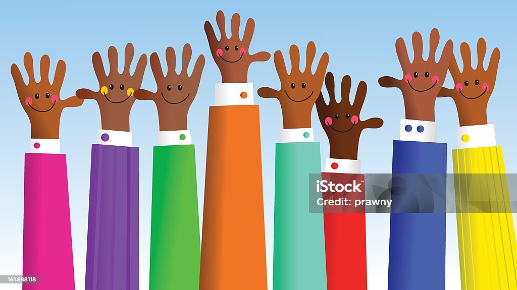 asian team a crowd of happy asian business people working together - handy hands series Anthropomorphic stock vector