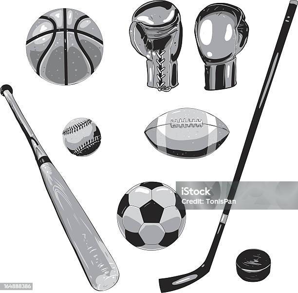 Sports Equipment Stock Illustration - Download Image Now - Cut Out, Hockey Stick, American Football - Ball