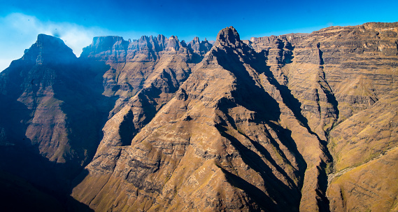 Aerial view of Cathedral Peak in Drakensberg national park, at the Lesotho border in South Africa, Africa