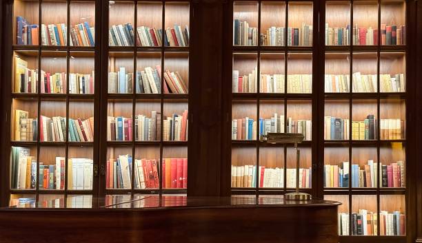 istock Library behind illuminated glass cabinet door 1648897147